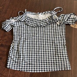 blue and white ae cold shoulder top